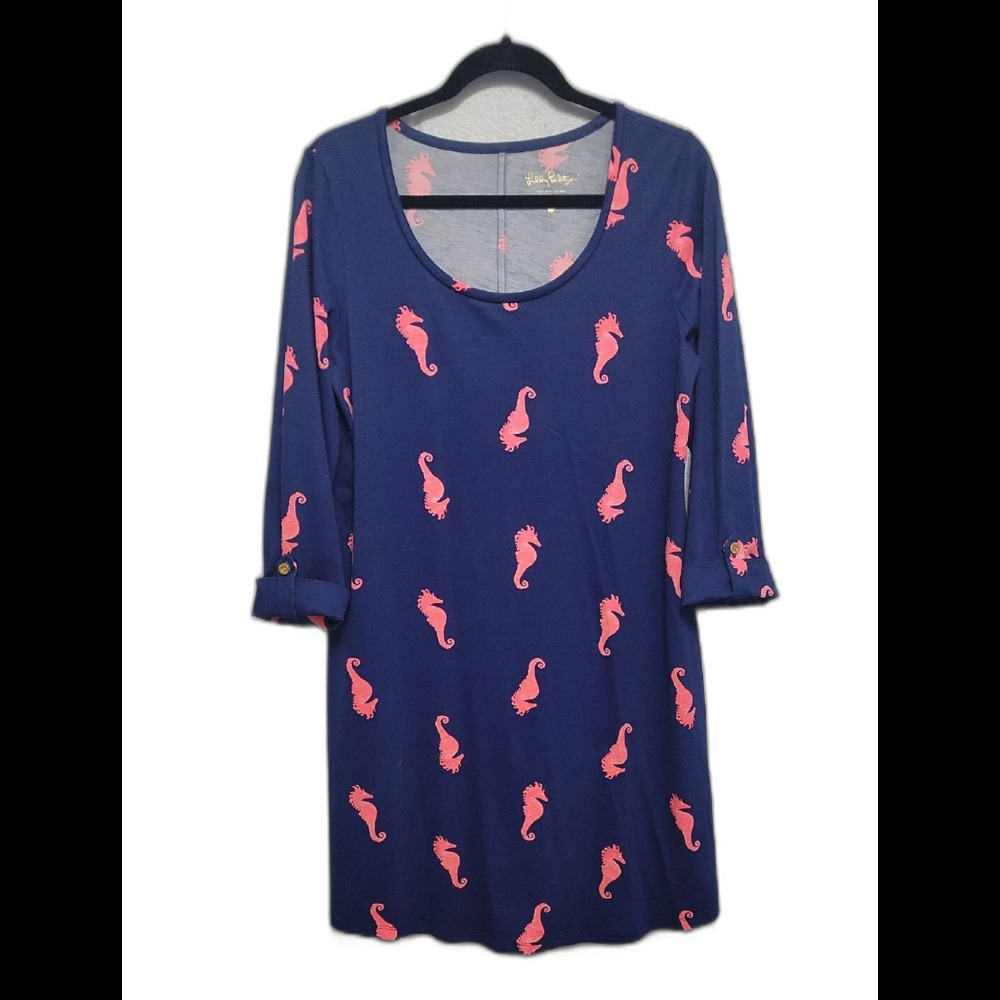 Lilly Pulitzer Navy Blue Scoop Neck Dress with Pink Seahorse Print